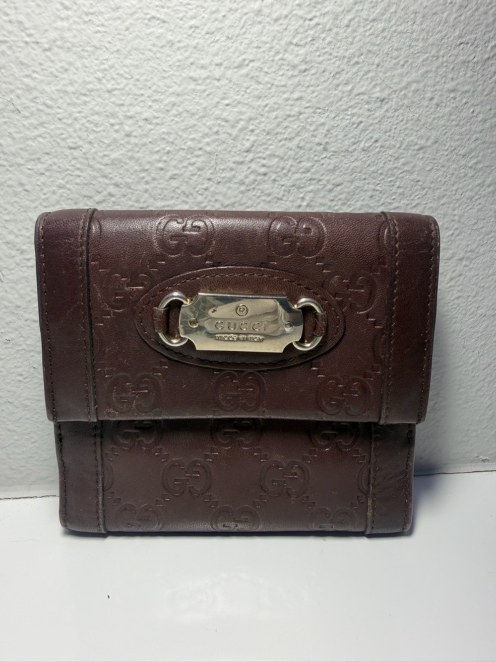 Gucci Dark Redish Brown Embossed Leather Compact Wallet with Metal Plaque